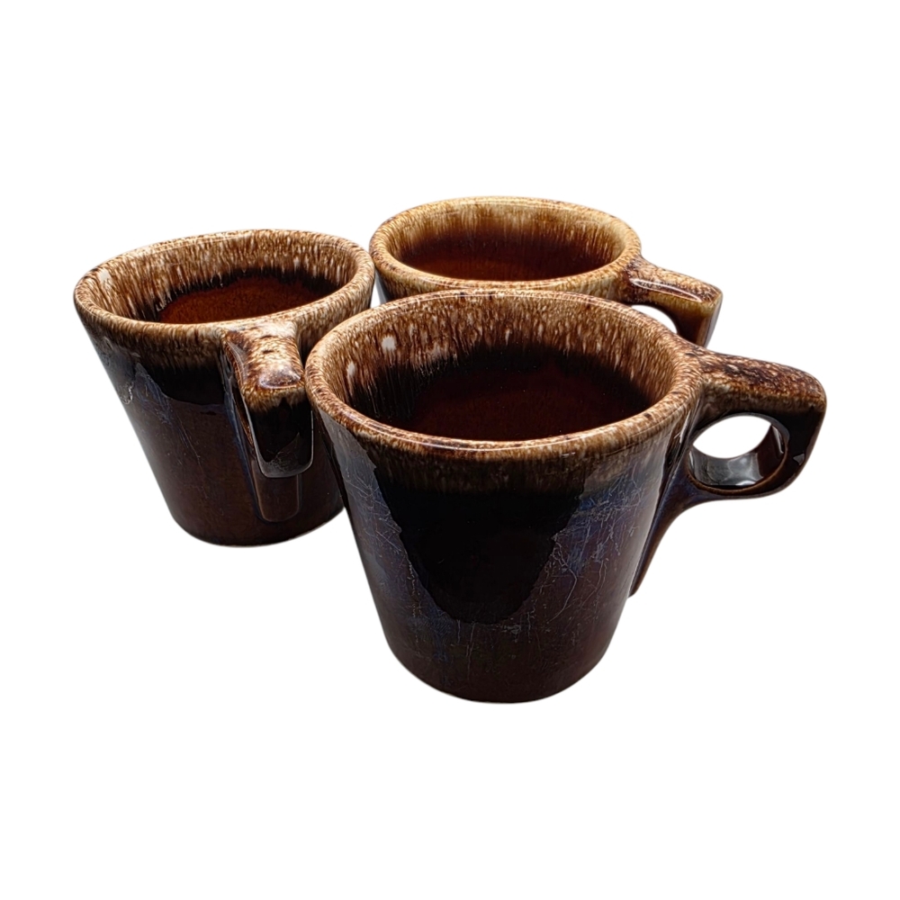 Set of 3 Vintage Hull Pottery Oven Proof USA Brown Drip Glaze Coffee Mugs Cups
